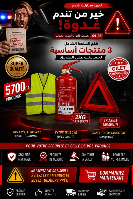 طقم السلامة الشامل لكل المركبات (سترة عاكسة + طفاية حريق 2 كغ + مثلث الطوارئ)