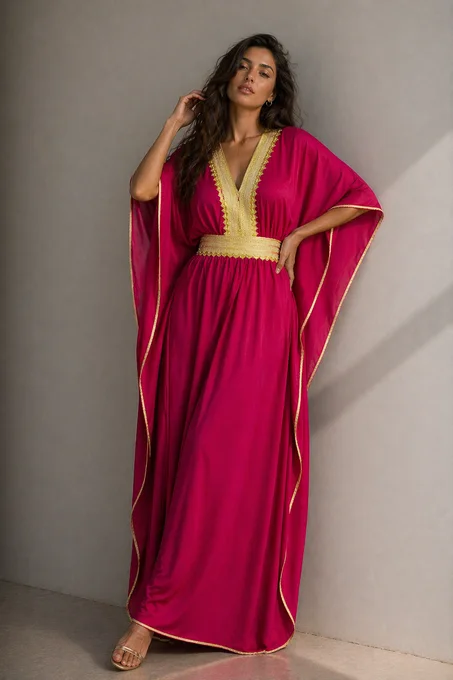 Moroccan Summer Gandoura Women Caftan – Handmade Gold Embroidered Kaftan Dress
