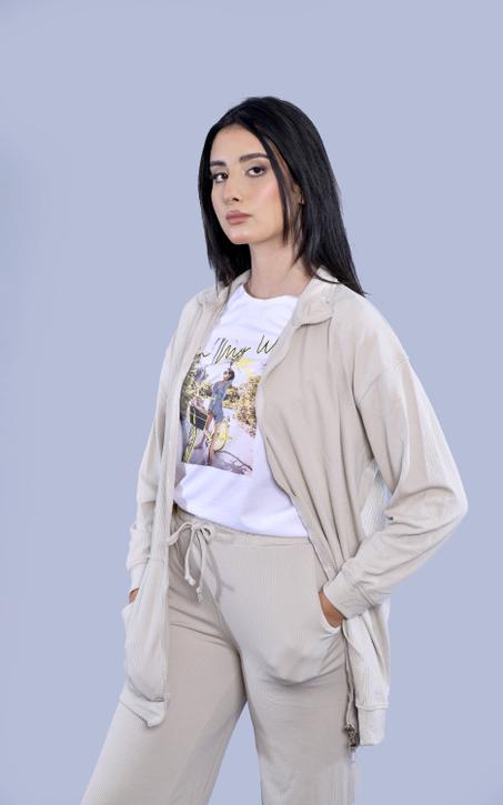 طقم بدلة رياضية للنساء من قطعتين، جاكيت كبير الحجم بسحاب وسروال رياضي بأرجل واسعة