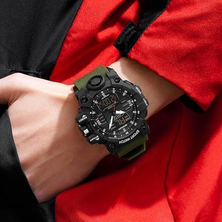 ساعة رياضية انالوج بعقارب للرجال، ساعة رقمية LED، مقاومة للماء حتى 5 ايه تي ام، ساعة توقيت الكترونية كبيرة مزدوجة الوقت سهلة القراءة للاستخدام الخارجي، بسوار أخضر