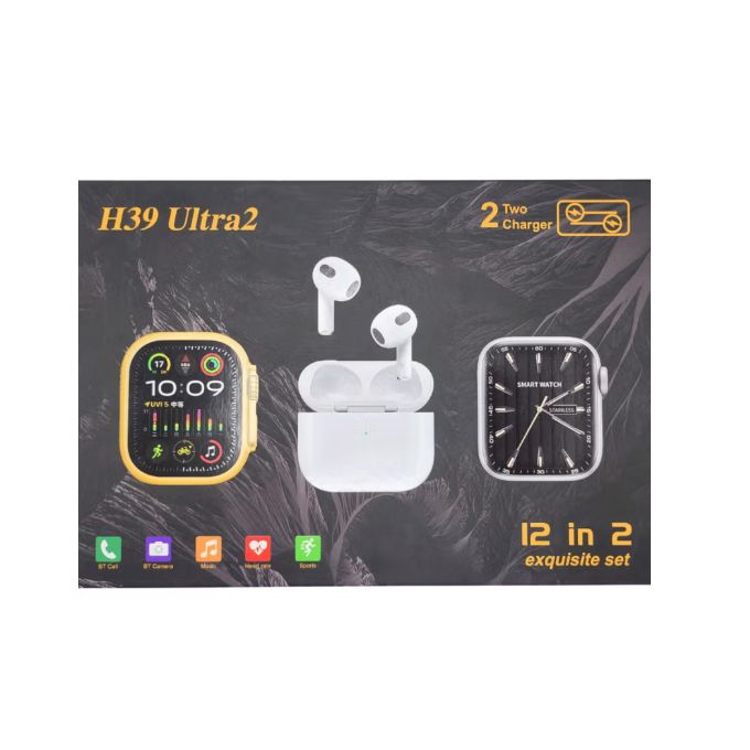 ساعة ذكية + سماعات رأس بلوتوث + ملحقات (12 في 2) - Ultra Pack H39 Ultra2