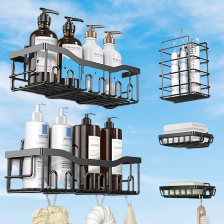 مجموعة من 5 رفوف استحمام، منظم استحمام لاصق لتخزين الحمام والديكور المنزلي والمطبخ، بدون حفر، سعة كبيرة، منظم حمام من الفولاذ المقاوم للصدأ، رفوف استحمام للدش الداخلي