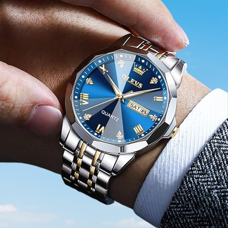 ساعة OLEVS للرجال من الألماس بسوار من الستانلس ستيل المقاوم للماء ومزودة بسوار من الألماس وسوار من الكوارتز مع تاريخ مضيء وساعة يد كاجوال فاخرة بلونين