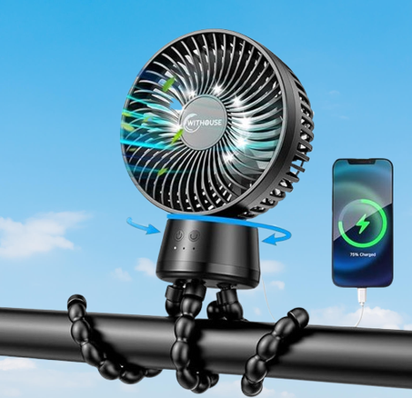 مروحة عربة أطفال محمولة، مروحة اهتزازية 20000 مللي أمبير في الساعة 120 درجة مع حامل ثلاثي مرن قابل للفصل وبنك طاقة مزود بإضاءة LED ومروحة شخصية محمولة تعمل بالبطارية قابلة لإعادة الشحن ومروحة