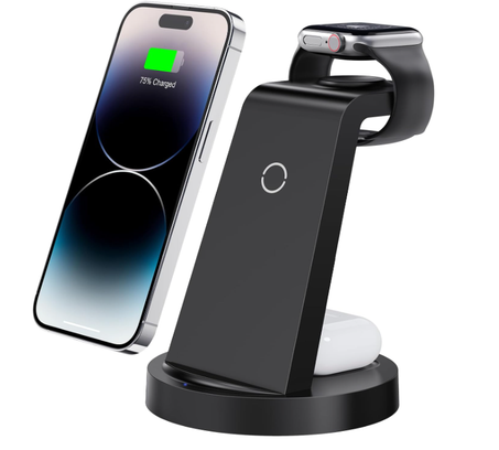 شاحن لاسلكي متعدد الوظائف مصمم لشحن ثلاثة أجهزة في آن واحد,يتميّز بتصميم أنيق وحديث.