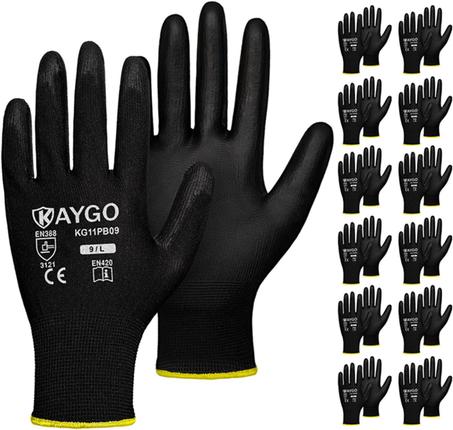 KAYGO KG11PB - Guantes de seguridad con revestimiento de poliuretano, tejido sin costuras, agarre suave en palma y dedos, para trabajo general, unisex, 12 pares, negro, L