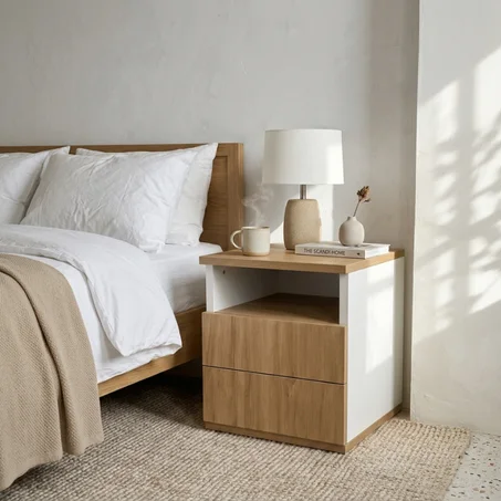 Table de Chevet Scandinave – 2 Tiroirs (Bois & Blanc)