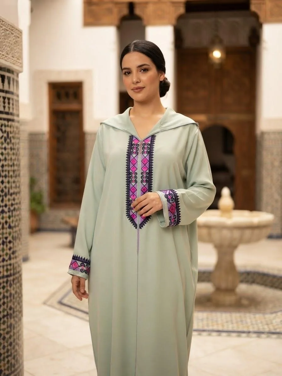 Djellaba en crepe rosa vert pistache brodée tailla L/XL