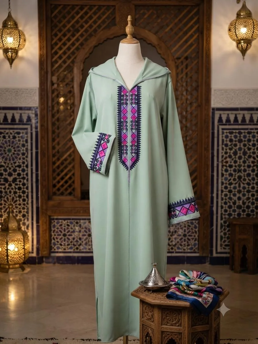 Djellaba en crepe rosa vert pistache brodée tailla L/XL