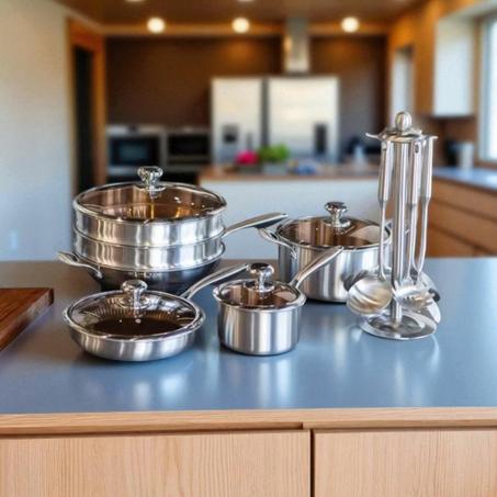 🎀 أواني طبخ من 15 قطعة من الانوكس المقاوم للصدأ 🎀