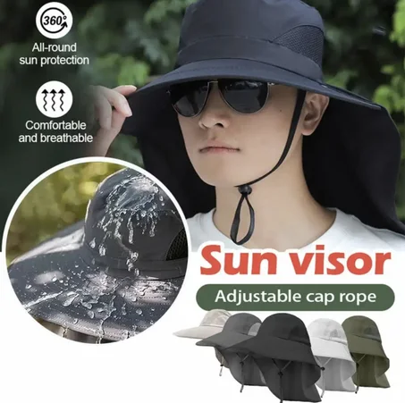 Chapeau de soleil à large bord avec rabat de cou pour hommes et femmes, casquette safari, protection extérieure réglable, randonnée et pêche, 50 +