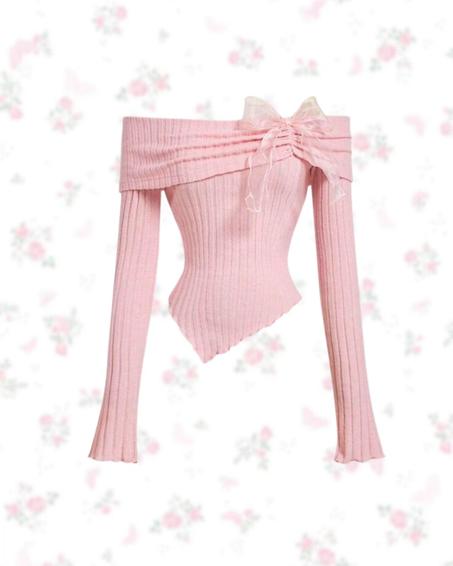pink off-shoulder bow tshirt ꒰ᐢ. .ᐢ꒱₊˚⊹
