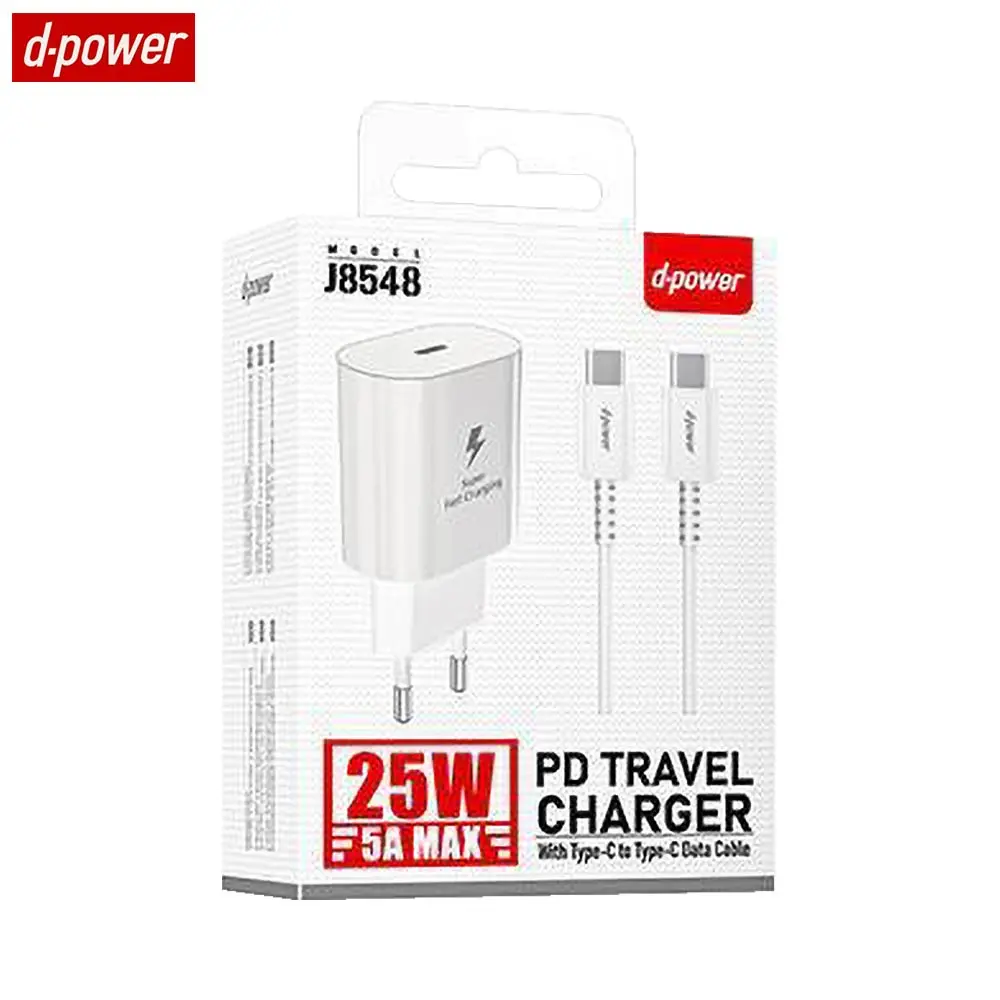 Chargeur Secteur USB-C d-power J8548 Charge Rapide 25W avec Câble Data USB-C vers USB-C Blanc