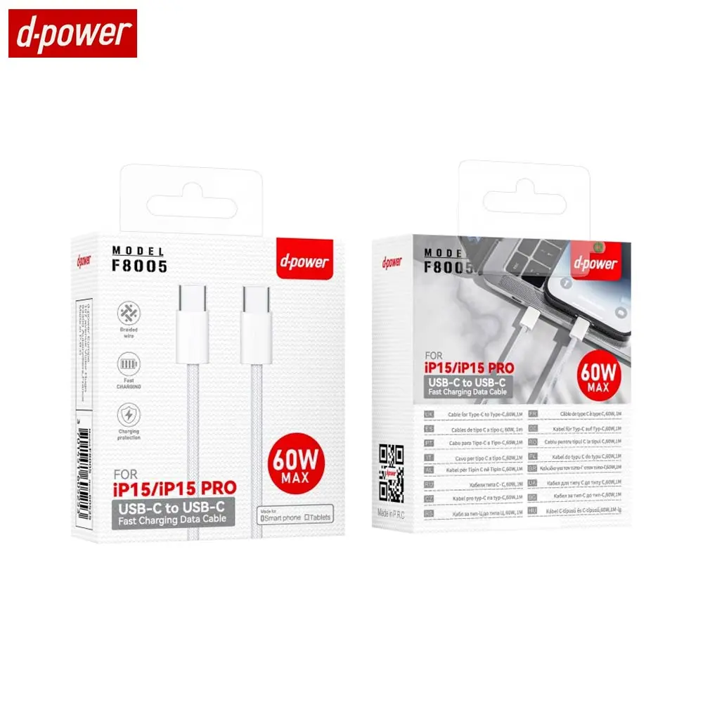 Câble Data USB-C vers USB-C d-power F8005 Nylon Tressé 60W (1m)