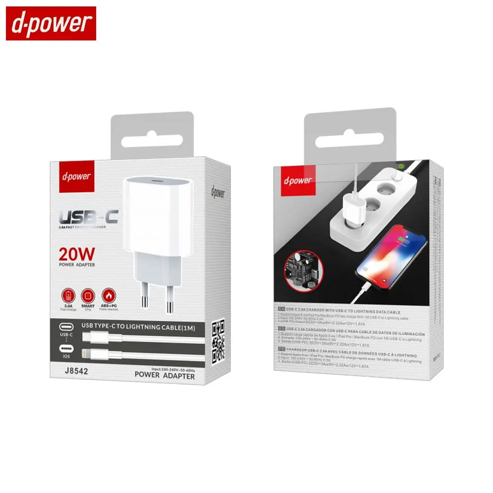 Chargeur Secteur USB-C d-power J8542 20W avec Câble Data USB-C vers Lightning (1m) Blanc