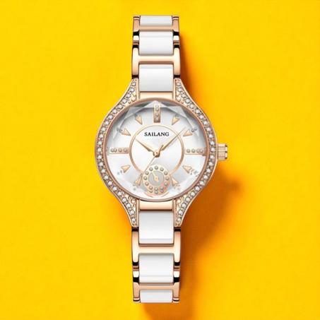 ساعة يد نسائية سيراميك باللونين الذهبي الوردي والأبيض مرصعة