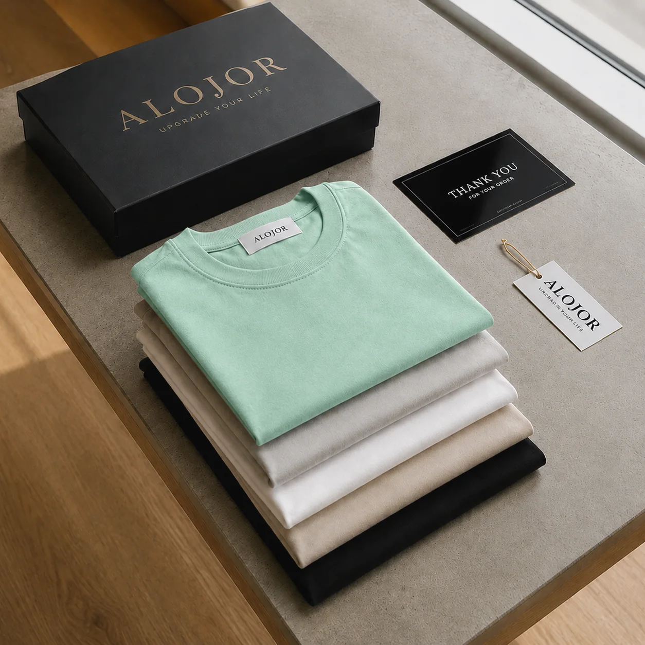 PACK ALOJOR Relaxed Fit Essential T-Shirts – 5 Pieces – Black, White, Soft Grey, Ocean Mint  & Desert Beige - Premium 100%