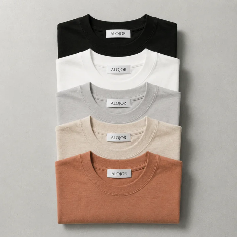 PACK ALOJOR Relaxed Fit Essential T-Shirts – 5 Pieces – Black, White, Soft Grey, Sahara Dust  & Desert Beige - Premium 100%