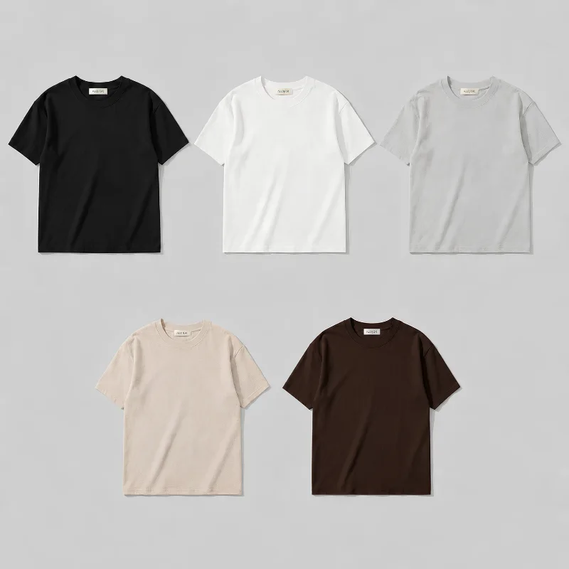 PACK ALOJOR Relaxed Fit Essential T-Shirts – 5 Pieces – Black, White, Soft Grey, Coffee Brown & Desert Beige - Premium 100%