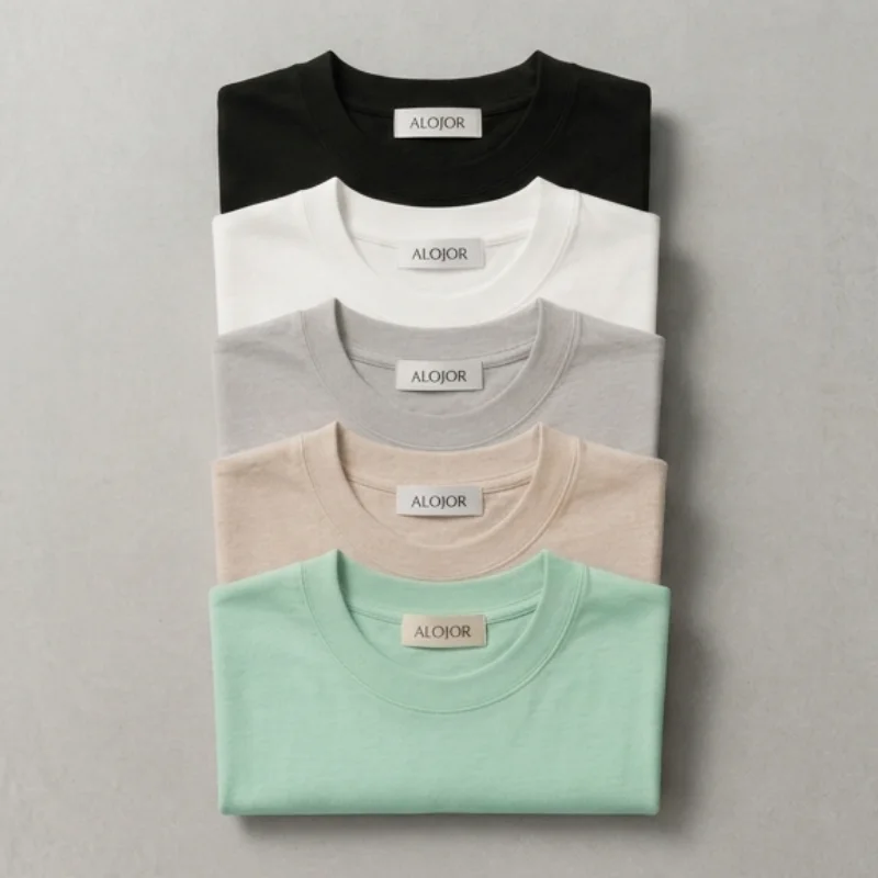 PACK ALOJOR Relaxed Fit Essential T-Shirts – 5 Pieces – Black, White, Soft Grey, Ocean Mint  & Desert Beige - Premium 100%