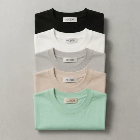 PACK ALOJOR Relaxed Fit Essential T-Shirts – 5 Pieces – Black, White, Soft Grey, Ocean Mint  & Desert Beige - Premium 100%