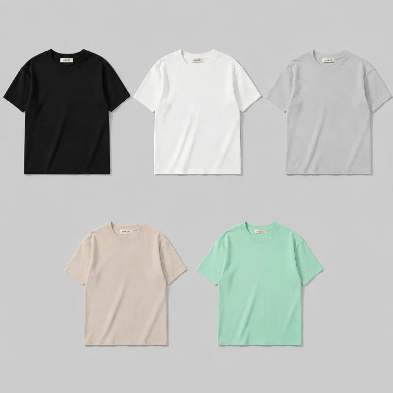 PACK ALOJOR Relaxed Fit Essential T-Shirts – 5 Pieces – Black, White, Soft Grey, Ocean Mint  & Desert Beige - Premium 100%