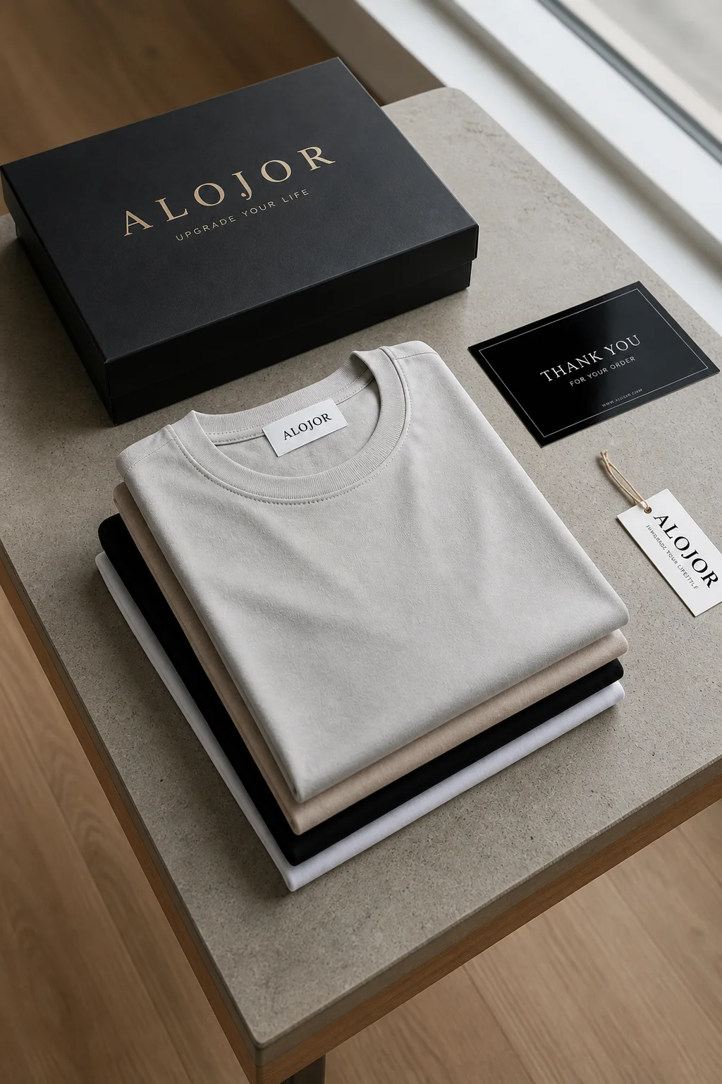 PACK ALOJOR Relaxed Fit Essential T-Shirts – 4 Pieces – Black, White, Soft Grey & Desert Beige - Premium 100%
