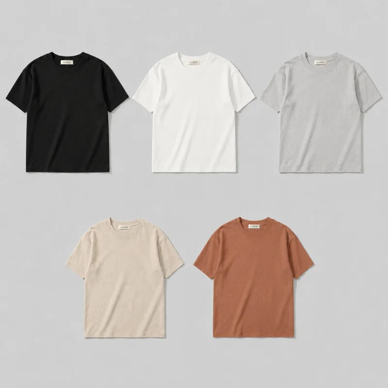 PACK ALOJOR Relaxed Fit Essential T-Shirts – 5 Pieces – Black, White, Soft Grey, Sahara Dust  & Desert Beige - Premium 100%