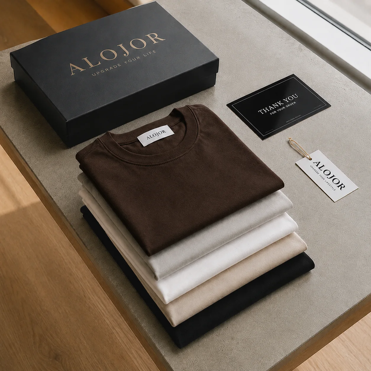 PACK ALOJOR Relaxed Fit Essential T-Shirts – 5 Pieces – Black, White, Soft Grey, Coffee Brown & Desert Beige - Premium 100%