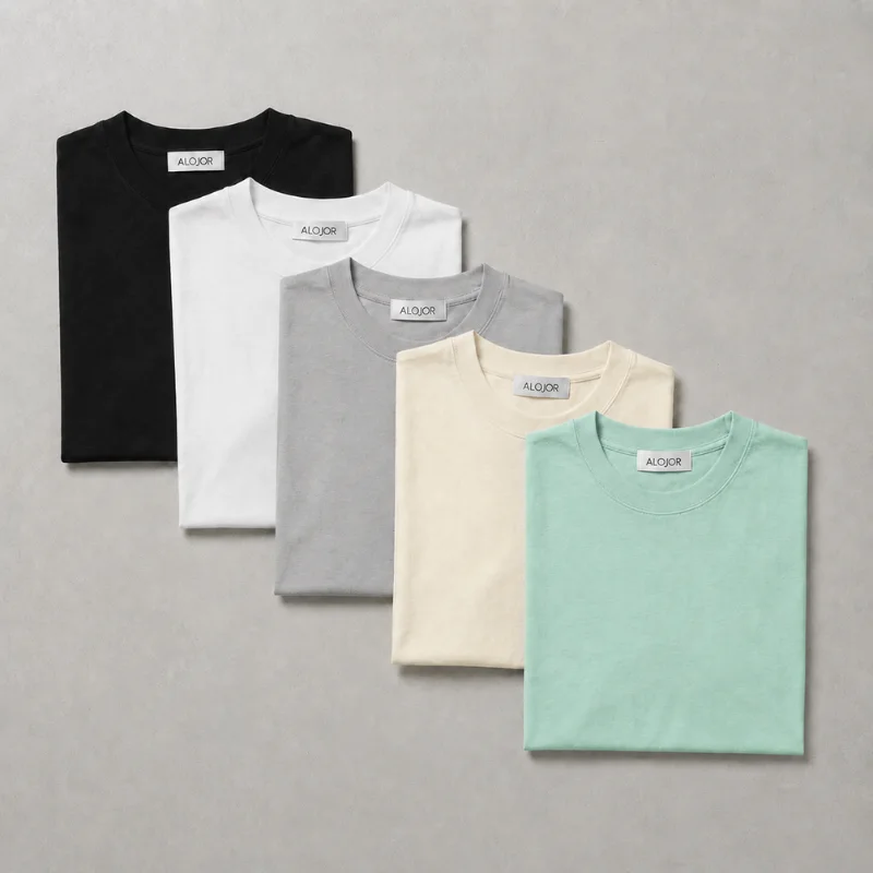 PACK ALOJOR Relaxed Fit Essential T-Shirts – 5 Pieces – Black, White, Soft Grey, Ocean Mint  & Desert Beige - Premium 100%