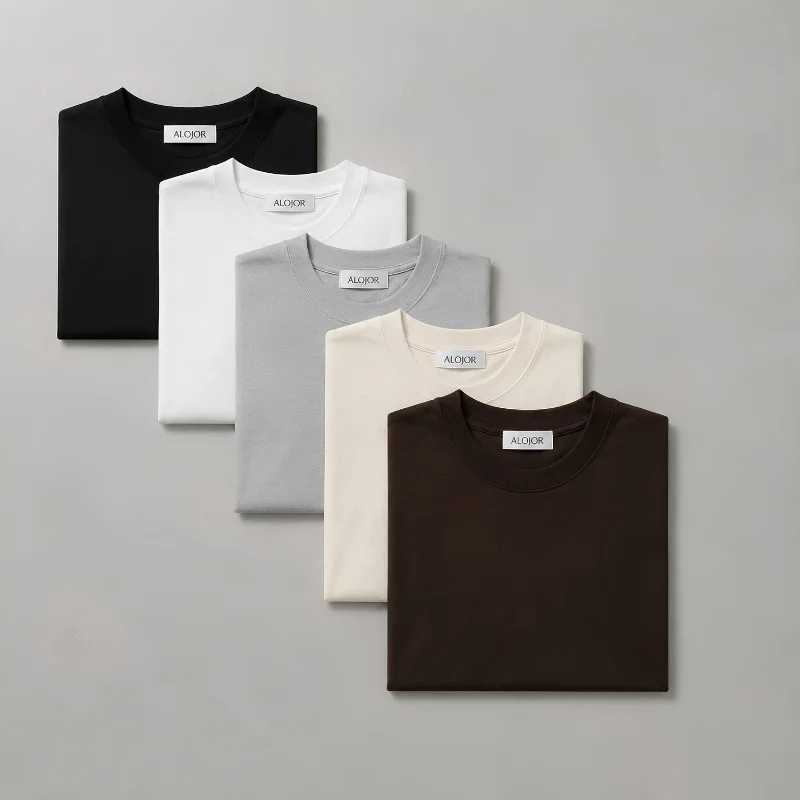 PACK ALOJOR Relaxed Fit Essential T-Shirts – 5 Pieces – Black, White, Soft Grey, Coffee Brown & Desert Beige - Premium 100%