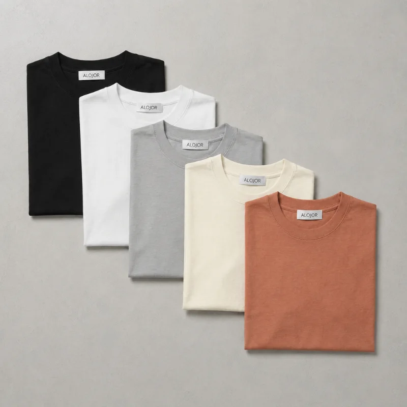 PACK ALOJOR Relaxed Fit Essential T-Shirts – 5 Pieces – Black, White, Soft Grey, Sahara Dust  & Desert Beige - Premium 100%