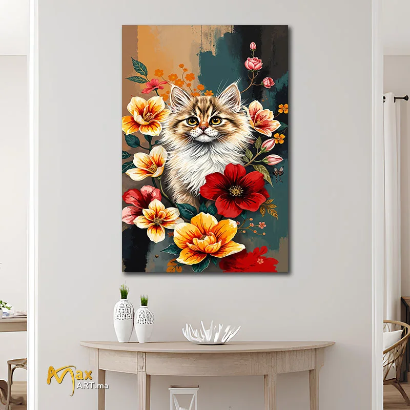 Tableau sur toile représentant un chat fleuri