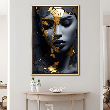 Portrait de femme moderne abstrait noir et doré sur un mur
