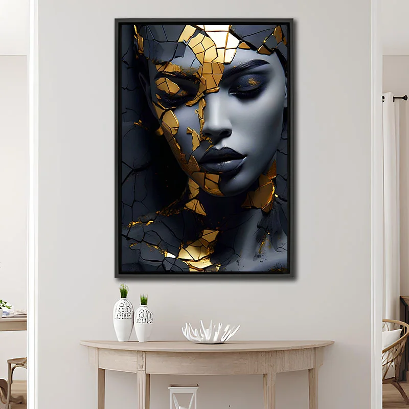 Portrait de femme moderne abstrait noir et doré sur un mur
