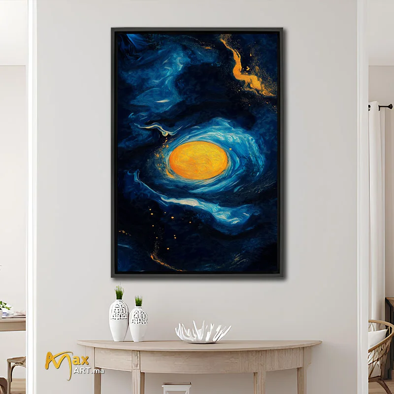 Tableau abstraite tourbillonnante aux couleurs bleu et or