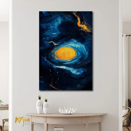 Tableau abstraite tourbillonnante aux couleurs bleu et or