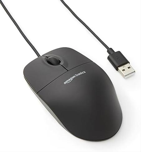 AmazonBasics Ratón de computadora con cable USB de 3 botones (negro), paquete de 1