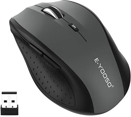 E-YOOSO Mouse inalámbrico para laptop, mouse óptico portátil para computadora, 6 botones, inalámbrico de 2.4 GHz con receptor USB, 5 niveles 4800 DPI, 18 meses de duración de la batería, para