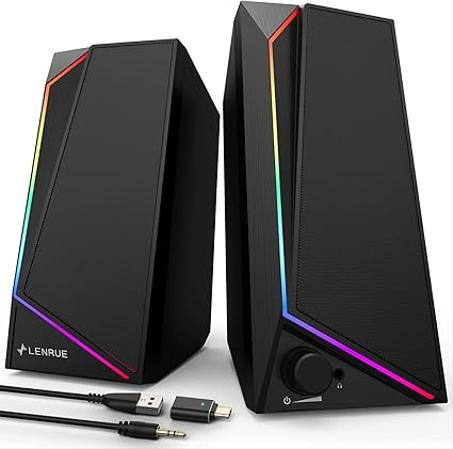 LENRUE Altavoces de computadora, altavoces de PC alimentados por USB/USB-C con sonido estéreo fuerte, auriculares para escritorio, iMac, MacBook, laptop, monitor (adaptador USB-C a USB inclui