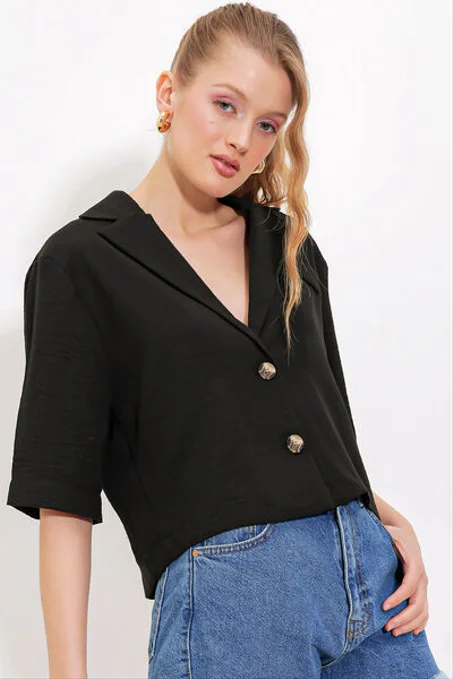 Kadın Çift Düğmeli Oversize Crop Keten Ceket 0706