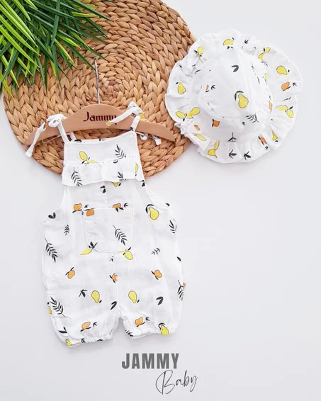 Fruit Themed Double Layer Muslin Jumpsuit Set With Hat