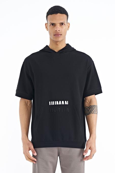 Kangaroo Pocket Text Embroidered Hooded Men's T-Shirt