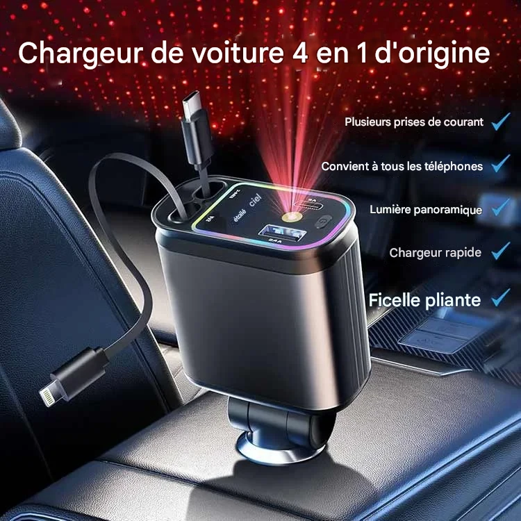 Chargeur voiture rétractable 4 en 1 Starlight 66W – pour 𝗮𝗽𝗽𝗹𝗲 𝗲𝘁 𝗮𝗻𝗱𝗿𝗼𝗶𝗱