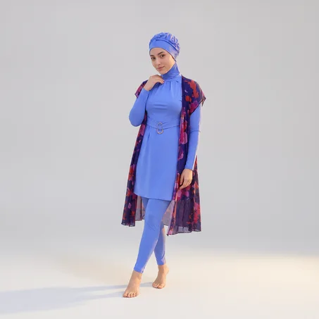 بوركيني أزرق مع كيمونو مزهر
