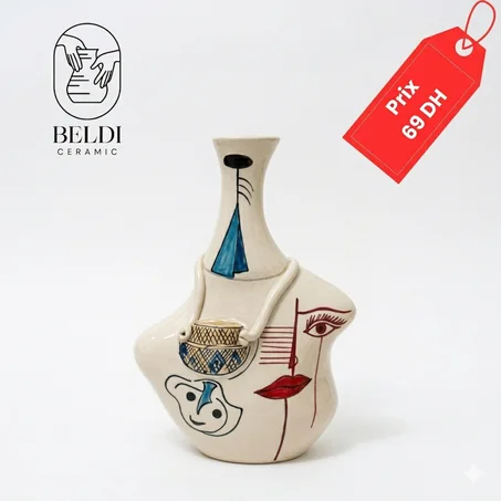 Vase marocain artisanal en argile blanche (Motif Regard d'Atlas)