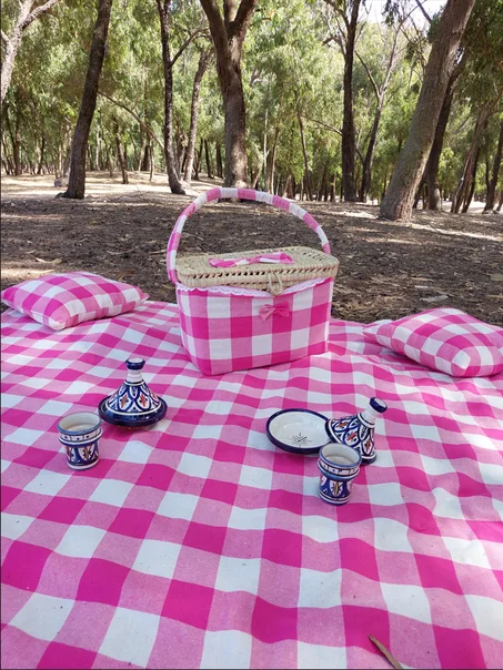 Pack Picnic Marocain – Nappe, 4 Coussins et Panier Artisanal