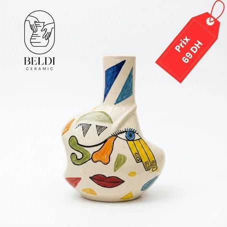 Vase marocain artisanal en argile blanche (Motif Eclat de Regard)