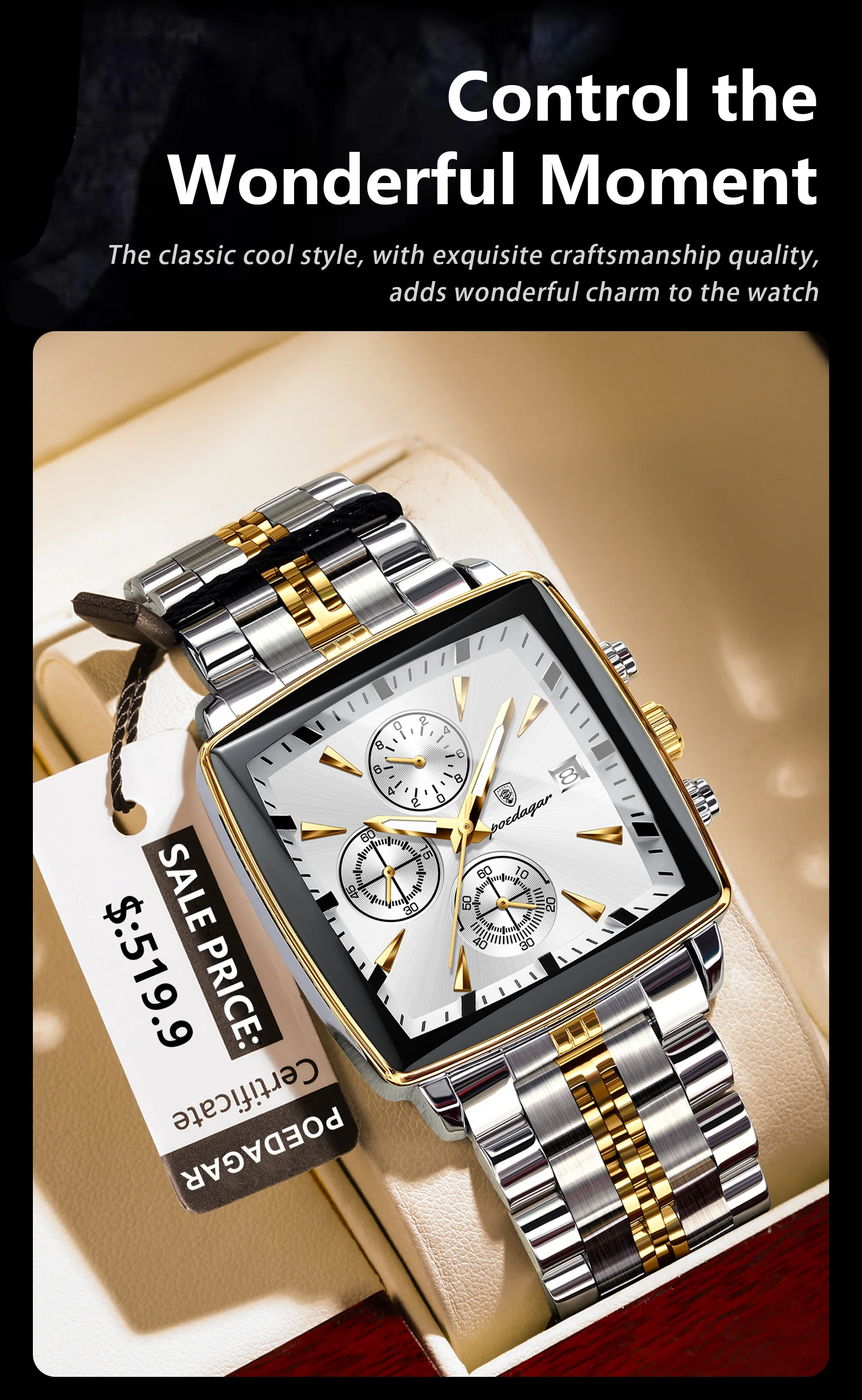 Montre Homme Poedagar Acier - étanche - Date - Cadran Noir - Neuf Sans étiquette