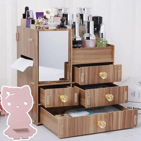 منظم مكياج خشبي مع مرآة وأدراج